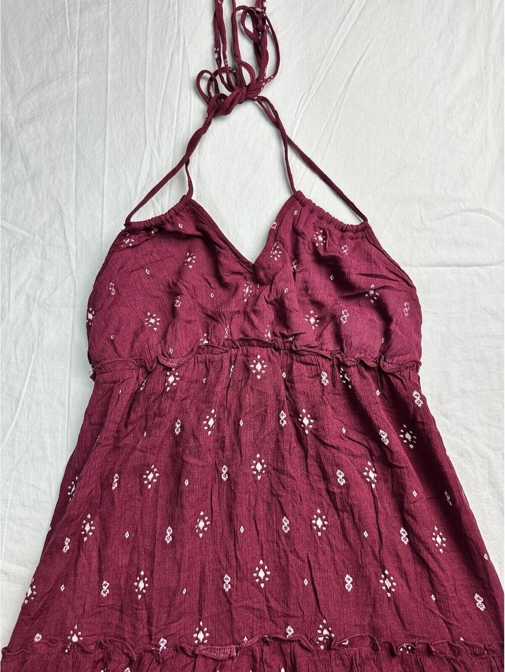 🌺 BONGO Halter Maxi Dress Women’s S Tiered Boho Print Burgundy 09-17 🌺 - Picture 4 of 10
